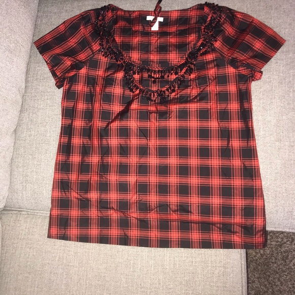 J. Crew Plaid Silk Taffeta T Shirt w/ Jet Necklace - Picture 2 of 3